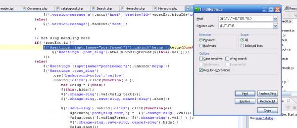 Screenshot of me finding and replacing the code in Zend Studio for Eclipse.